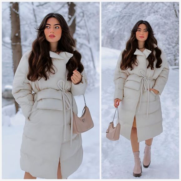 Mango Padded Coat Belted With Pouch Ecru New - Picture 1 of 6